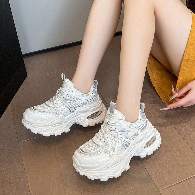 Leather Version~ Rhinestone Hollow Dad Shoes Women's 2025 Thin Breathable Mesh Women's Shoes Small Height-increasing Sneakers