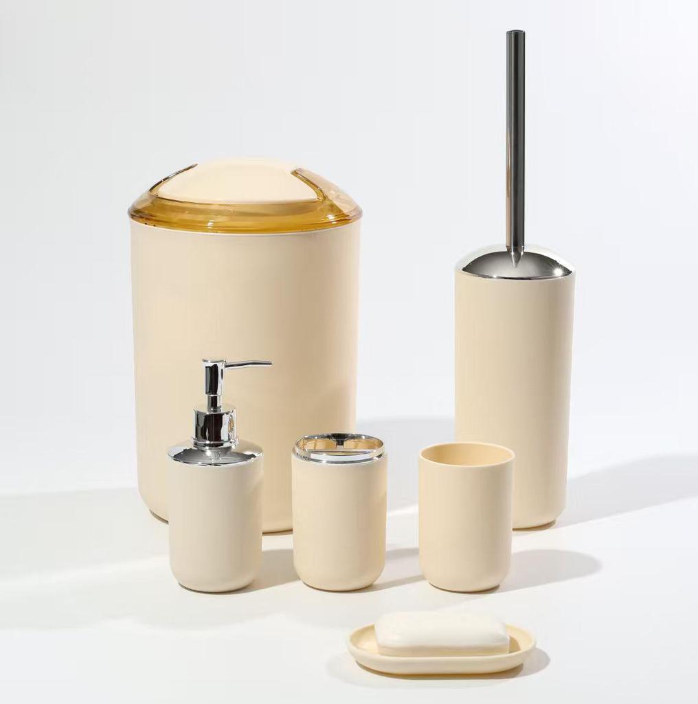 Solid Color Bathroom Accessory Set: 6-Piece Plastic Kit with Mouthwash Cup, Toothbrush Holder, Soap Dish, and Storage Containers.