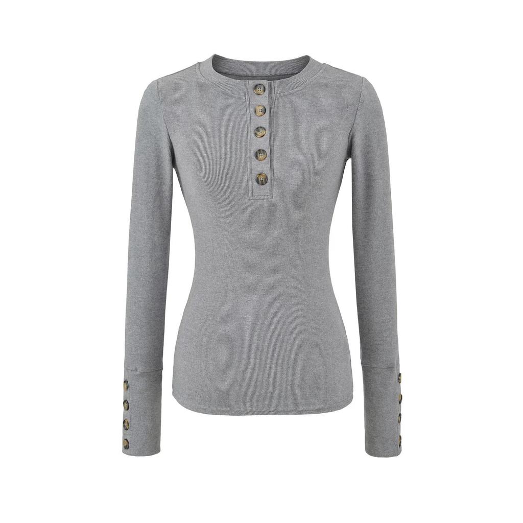 Korean-Style Slim Fit Henry Collar Fleece Long Sleeve T-Shirt for Women - Autumn/Winter Stretchy Base Layer Top