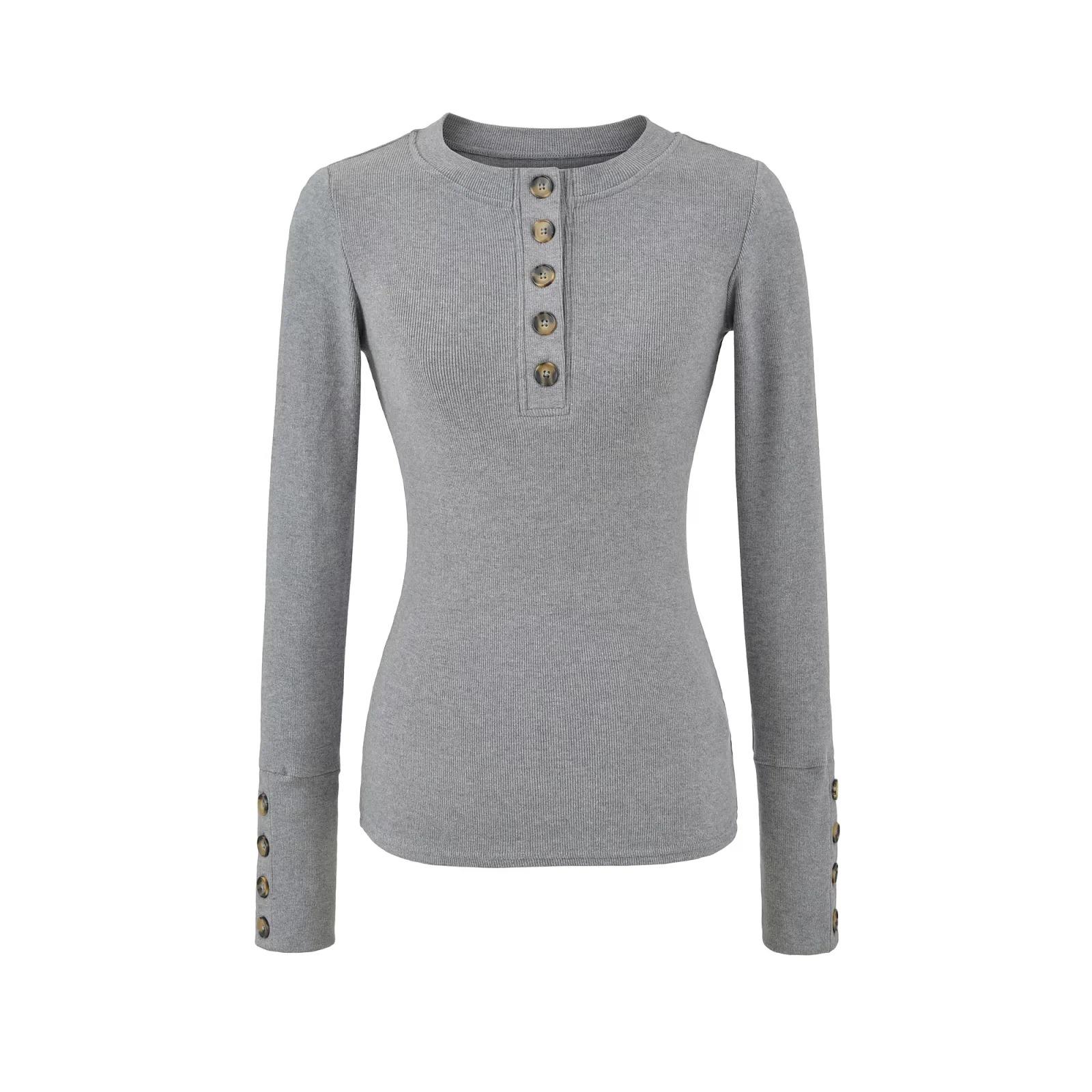 

Korean-Style Slim Fit Henry Collar Fleece Long Sleeve T-Shirt for Women - Autumn/Winter Stretchy Base Layer Top Small сірий колір
