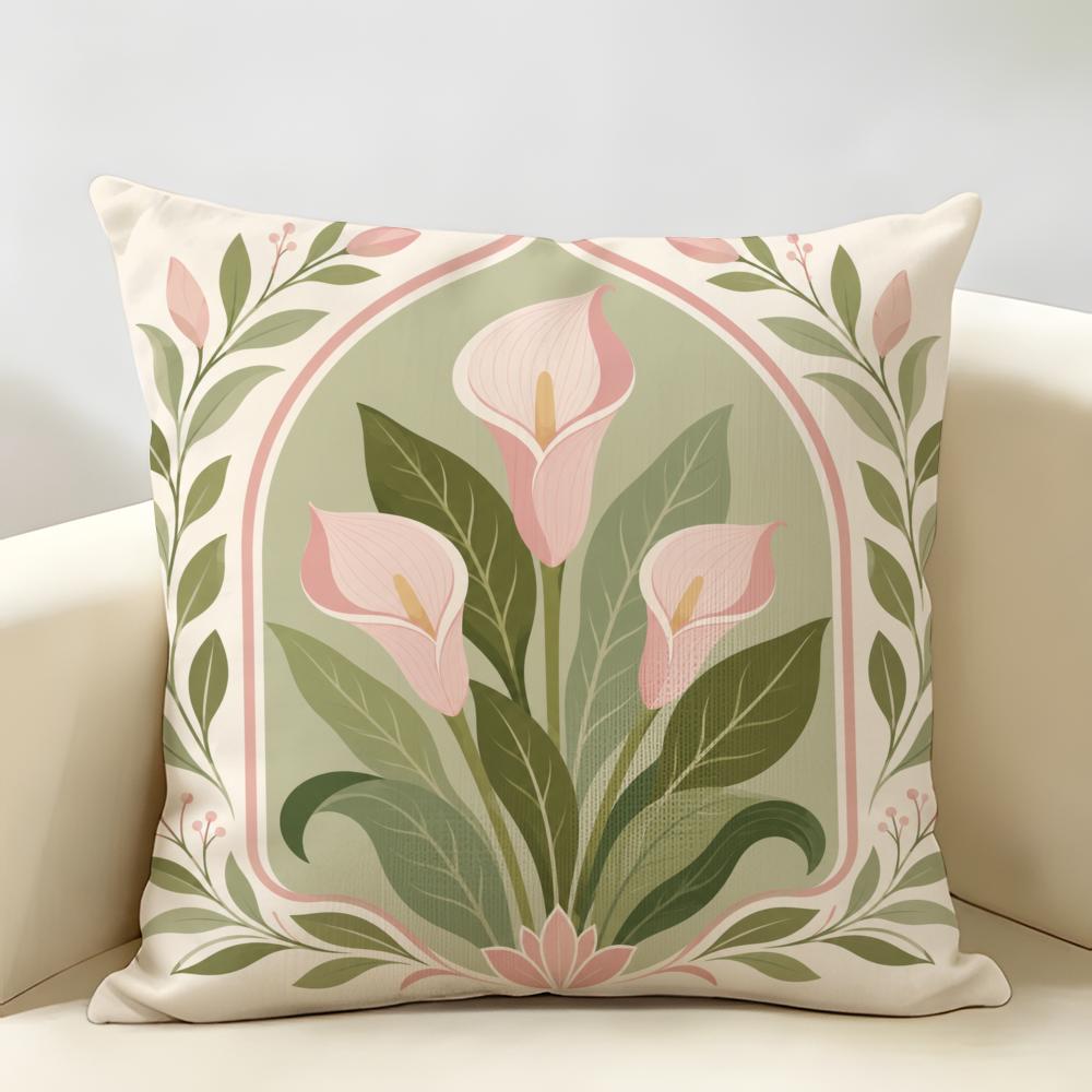 Soft Pink Calla Lily Art Cushion Cover Durable Hypoallergenic Organic Linen Short Pillow Cover Washable