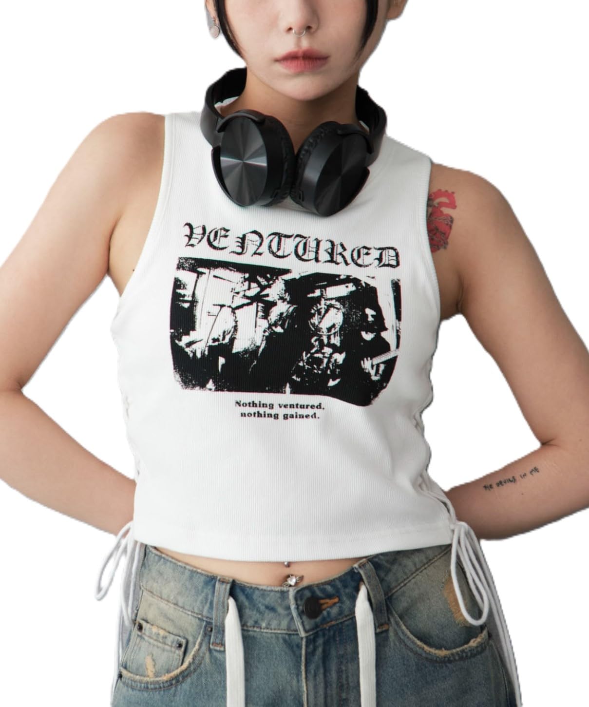 

WEGO Майка с боковым принтом Летний корейский размер Белый женский топ на шнуровке, Наряд, Уличная одежда, Стиль, F, белый