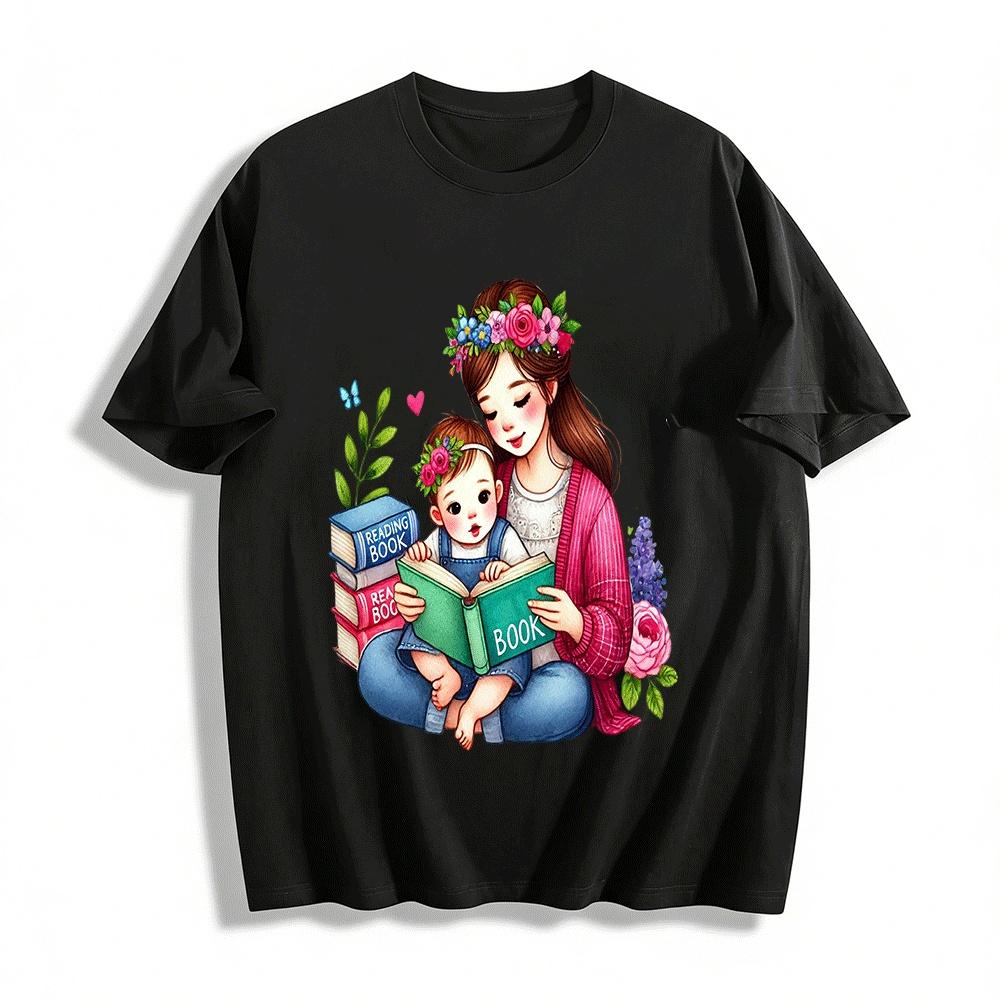 Warm Parent-Child Reading Print Casual Top For Adults & Kids Pure cotton T-shirt XXS
