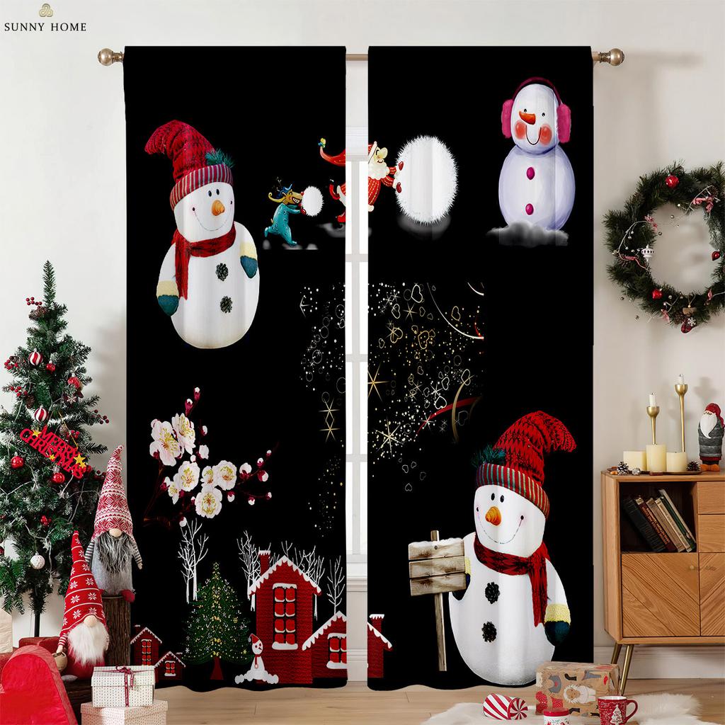 Cartoon Snowman Christmas Decorative Curtains Suitable for Bedroom Restaurant New Year Party Decorative Curtains 2 Pieces