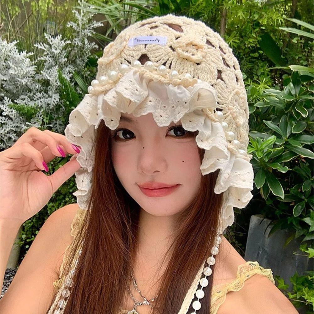 Pearl Tassels Crochet Flower Knitted Hat Bohemian Style Weave Cap Cute Lace Beanies  Outdoor