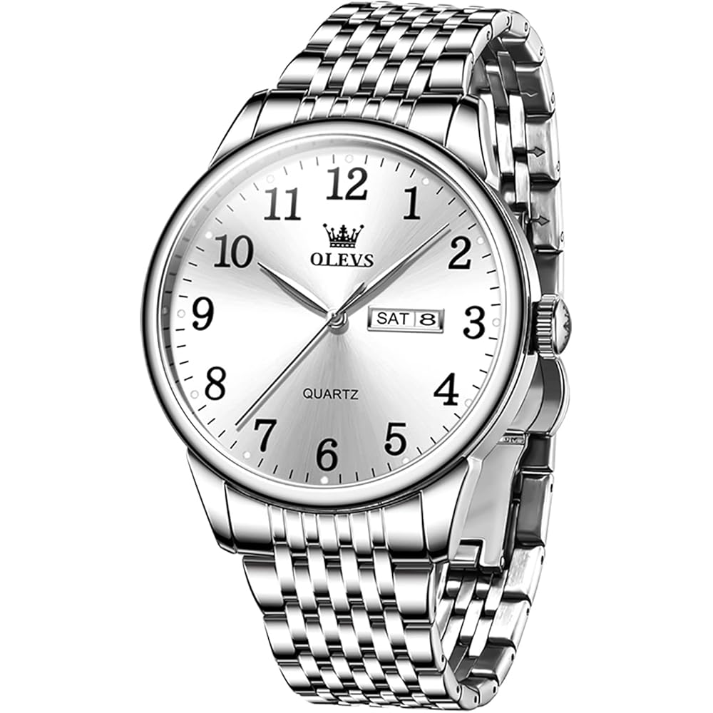 OLEVS Men s Analog Watch Waterproof Stainless Steel Band Business Date Display Silver Dial Large Lightweight