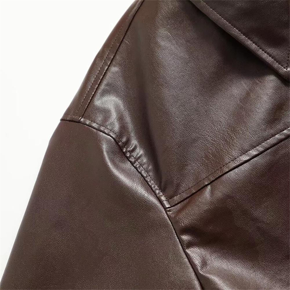 Cross-border foreign trade European and American women's clothing autumn and winter new pocket decoration PU leather imitation leather lapel solid