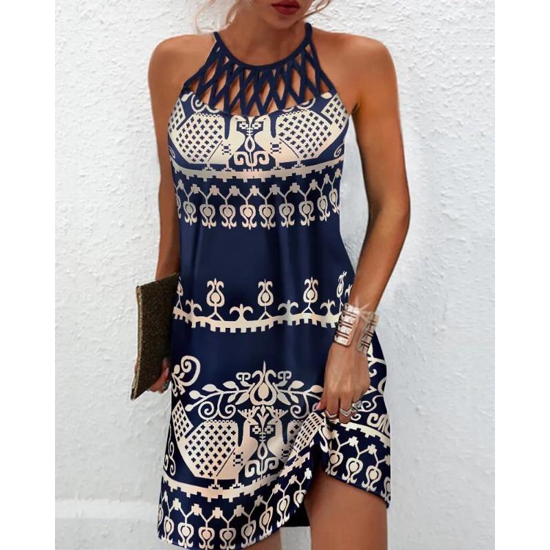 European and American Spring and Summer New Ethnic Style Positioning Printing Mesh Belt Sleeveless Casual dress Women's Clothing