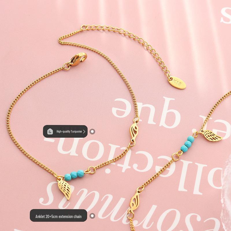 Trendy Turquoise Wings Anklet In Gold-Plated Titanium Steel (S097)