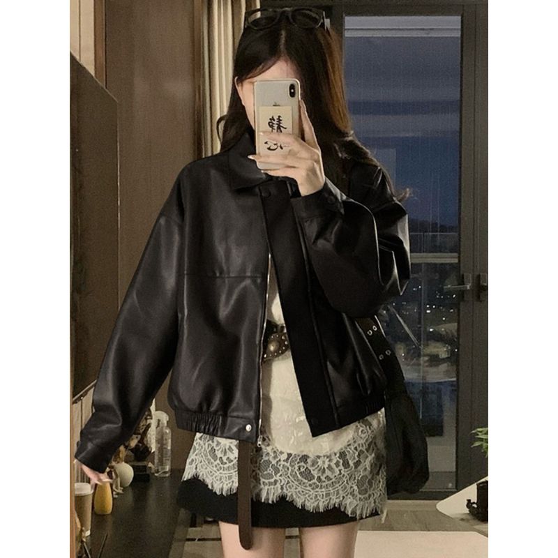 Kumikumi American vintage Black PU Leather Long sleeve Outerwear Women clothes Autumn Niche Loose Lapel Jacket Top