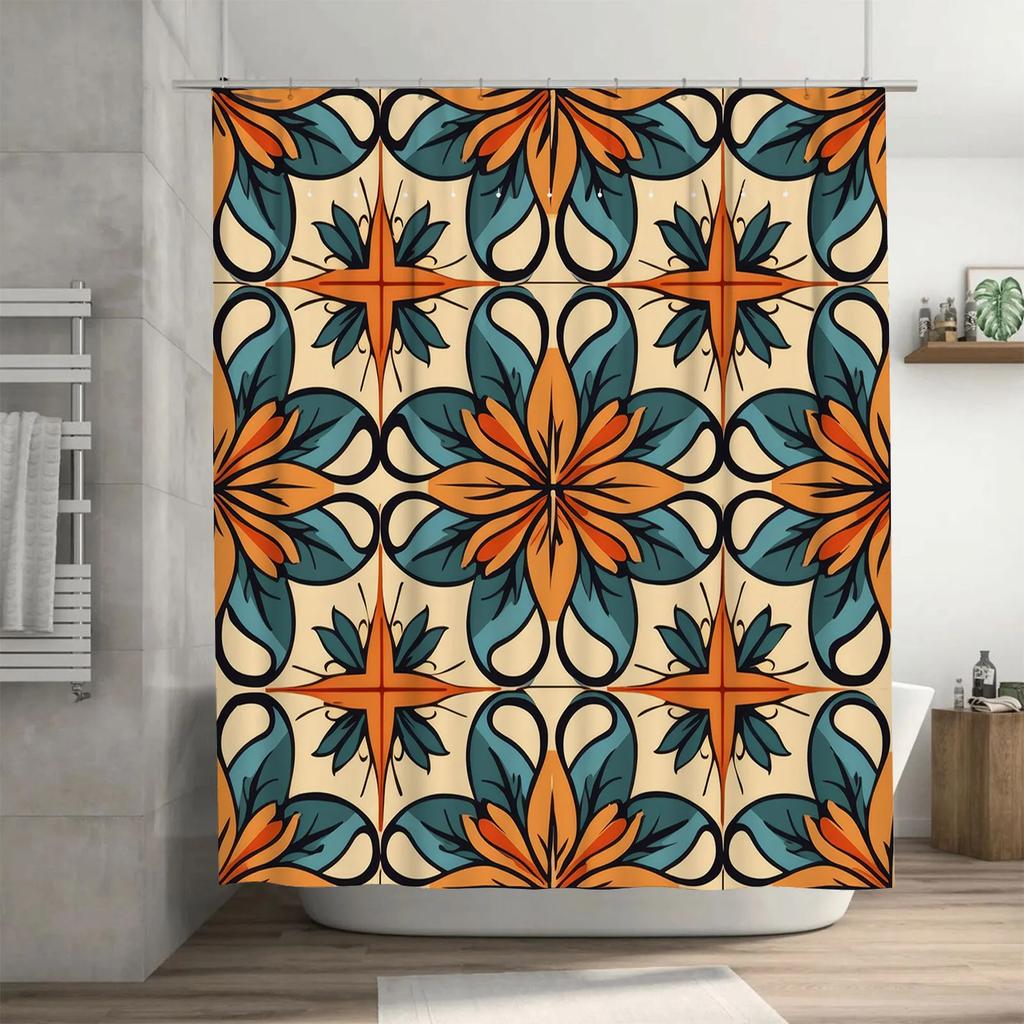 Vibrant Floral Shower Curtain Waterproof Printed Home Decor Bath Mat for Bathroom Accessories Orange Blue Pattern