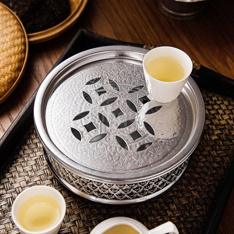 Thai tin alloy round gold Tea Tray Household Draining Tray Round Water Storage basin Office Guest Dry Tea plate serving tray