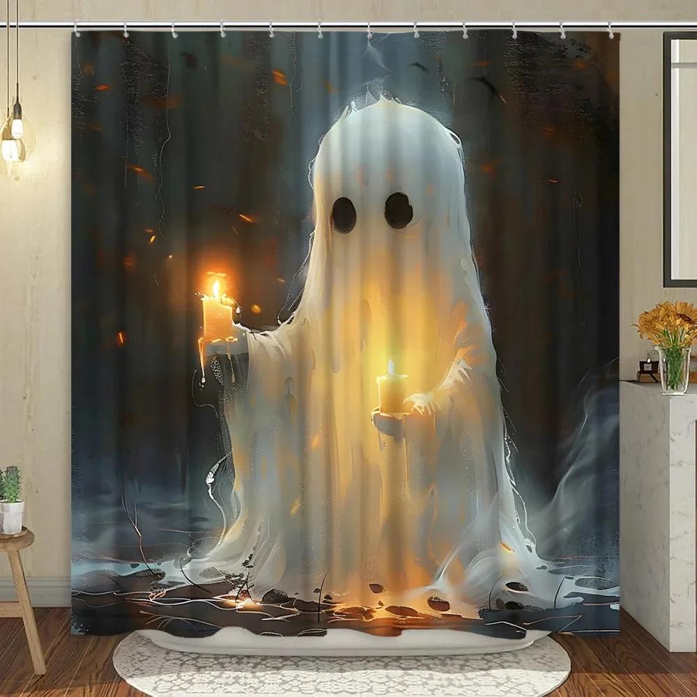 Cute Ghost Shower Curtain Cartoon Spooky Flower Plant Candle Watercolour Modern Home Polyester Fabric Bathroom Decor Curtain Set