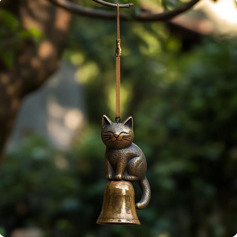 Bronze Lucky Cat Wind Chime Pendant Metal Wind Bell Tassels Figurines Japanese Feng Shui Home Decorations Gift