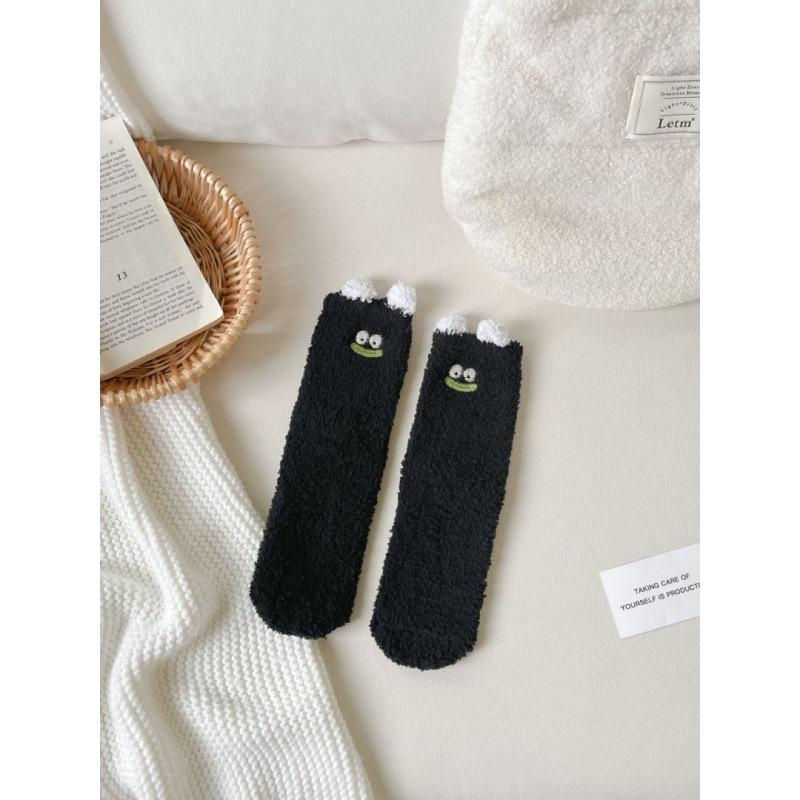 Autumn and winter new cartoon little monster embroidery three-dimensional small ears coral fleece sleeping socks thermal floor socks medium tube socks