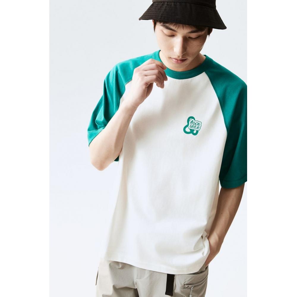 H M Loose FiT PrinTed T sHirT wHiTe Turquoise