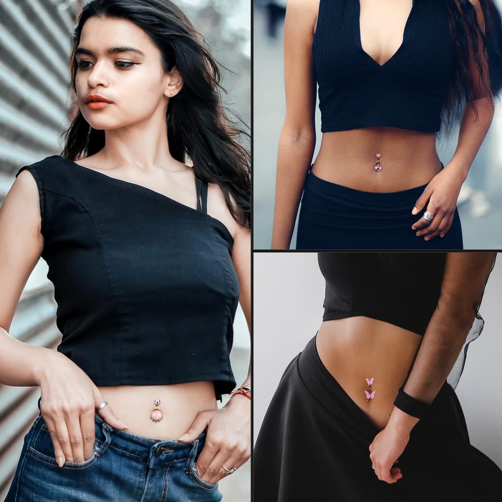 1CS Belly Button Rings Surgical Stainless Steel Belly Piercing 14G Cute Pink CZ Dangle Belly Rings Piercing Jewelry for Women