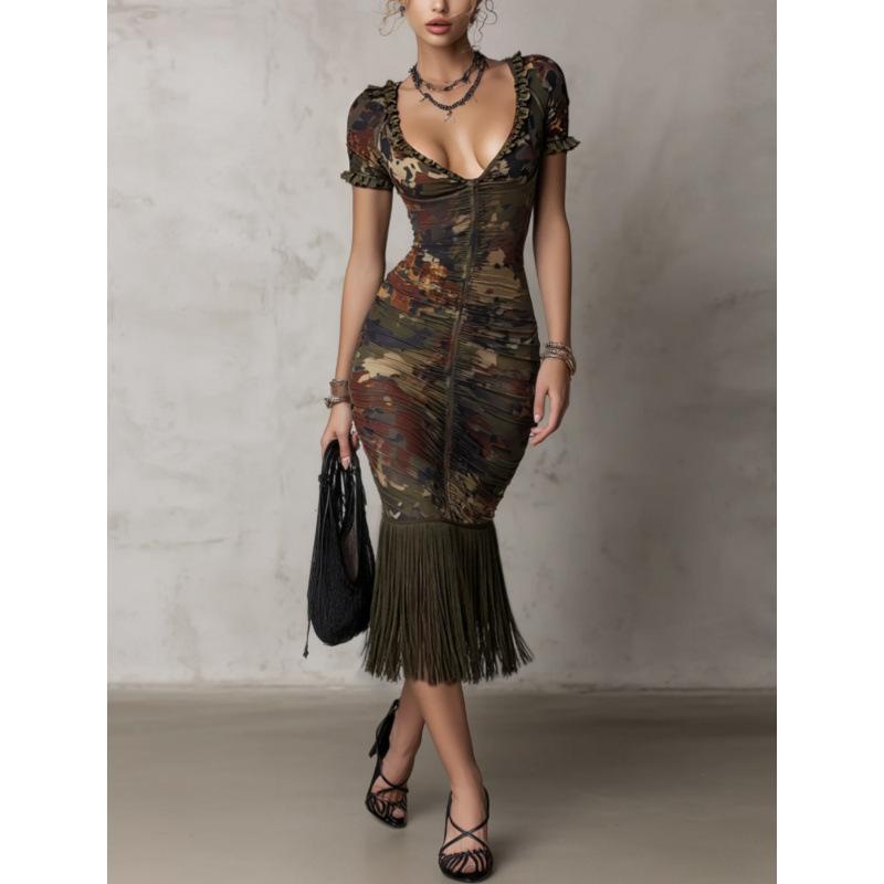 Europe, America 2026 retro banquet slim tassel fashion printed dress women S
