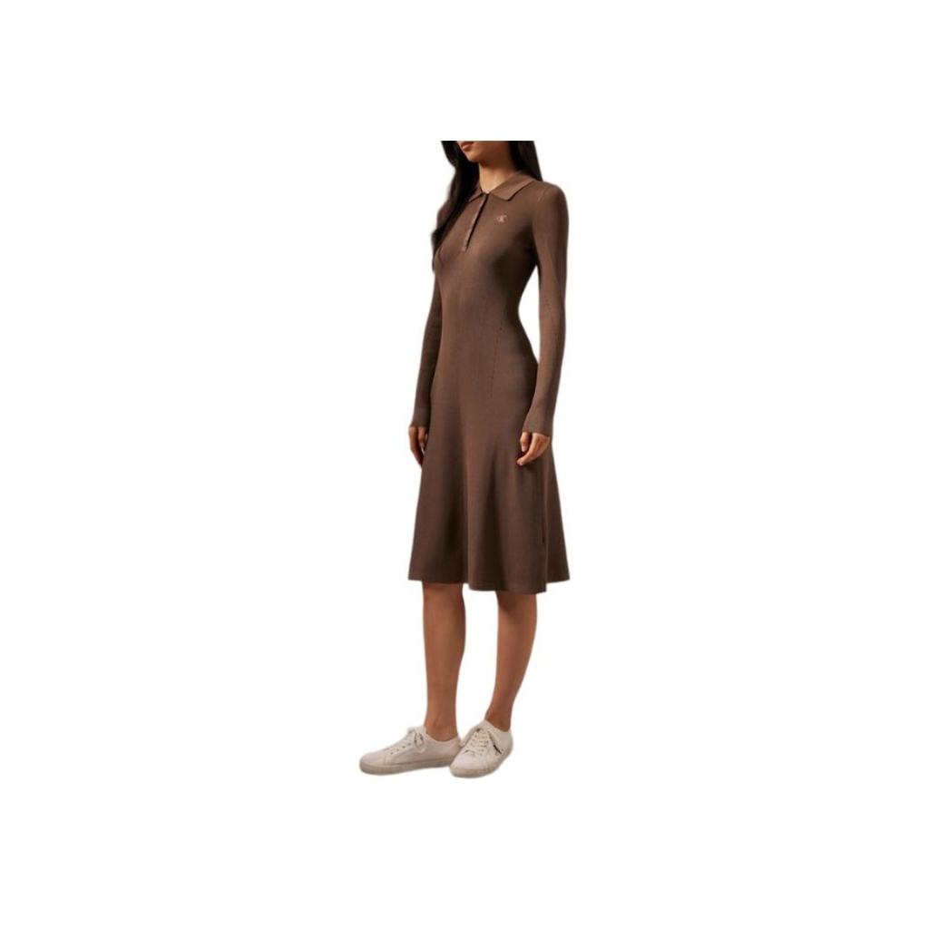 Calvin Klein Casual Embroidered Four-Button Knit Polo Long Sleeve Dress Women Dresses Dark-Gray-Brown J224574