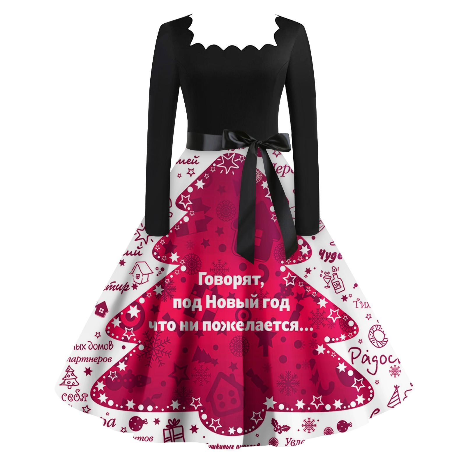 Женская мода винтаж с длинным рукавом квадратный вырез рождественский принт вечерние — фото 3