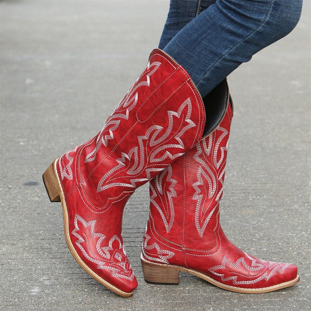 Cheap Women Boots Mid Calf Western Cowboy Ethnic Style Boots Print
