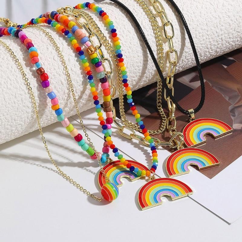 Fashion Rainbow Pendant Necklace Choker Neck Chain Elegant Clavicle Chain Handmade Beaded Necklace Statement Jewelry