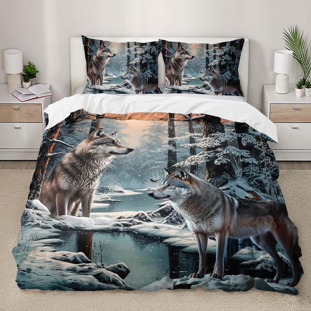 Night Forest Animal Wolf Three-piece Quilt Cover 3D Digital Printing Bedding Set Bed Cover