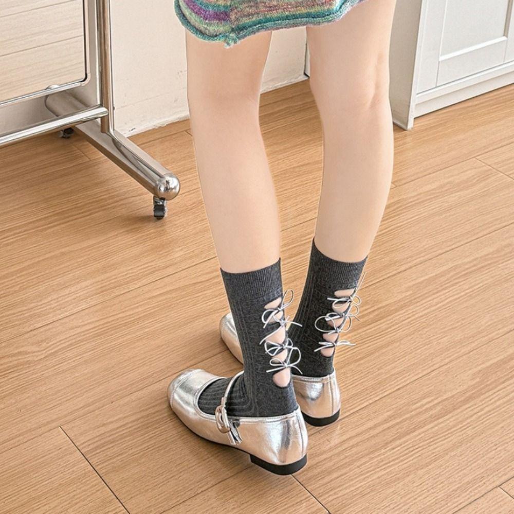 Ballet Style Mid Calf Socks Solid Color Ripped Lacing Socks Cotton Socks for Women  Student