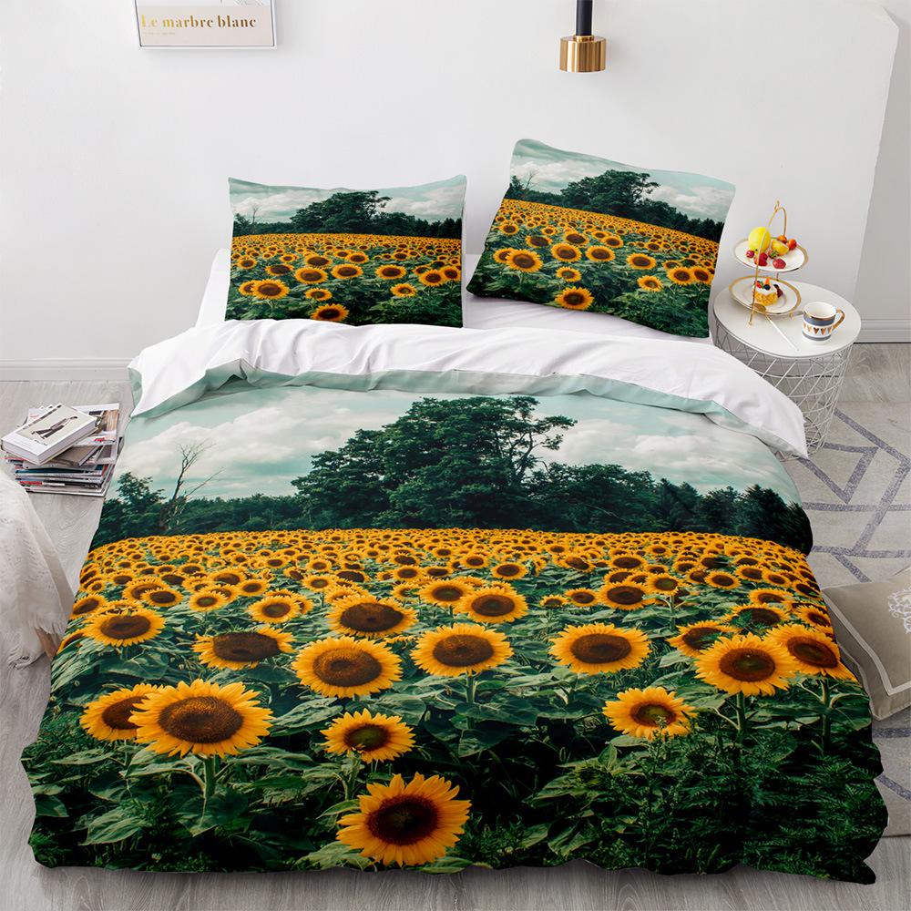 Sunflower Duvet Cover Set Yellow Flowers Green Leaves Cloud Tree King Queen Full Size for Boys Girls Teens Polyester Bedding Set