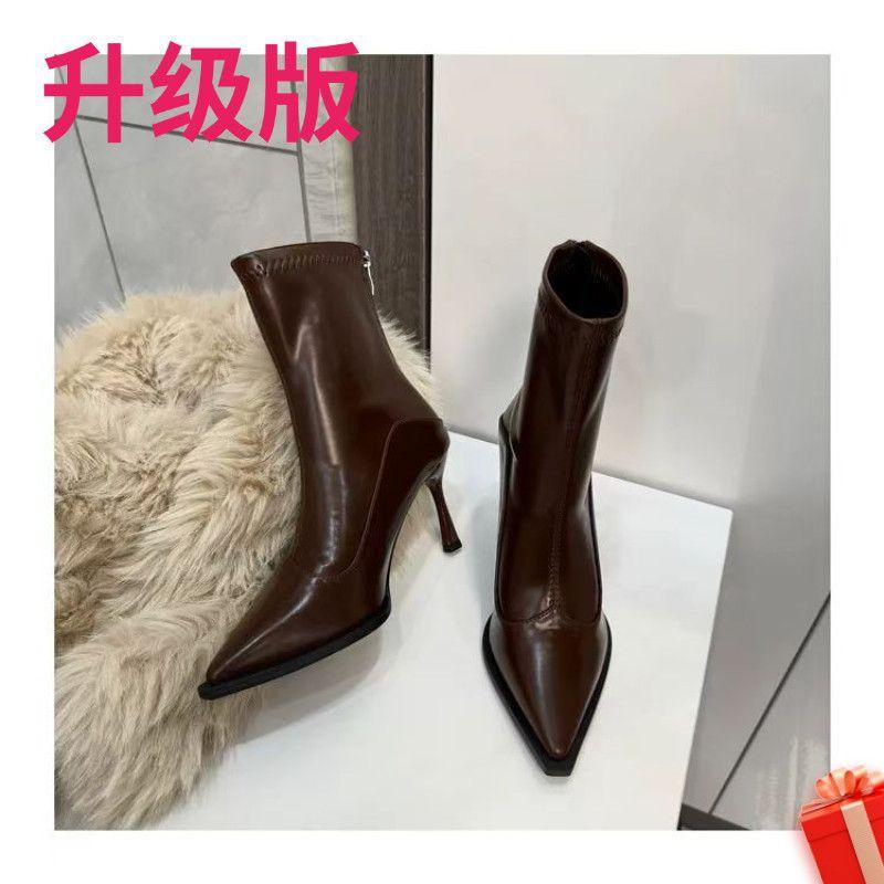 High-heeled short boots women's 2025 autumn and winter new Korean version versatile pointed ankle boots French retro brown elastic thin boots