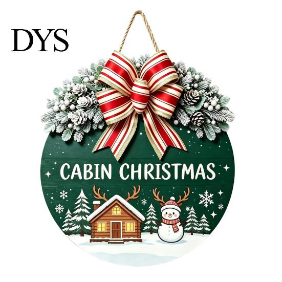 Winter Atmosphere Decor Christmas Wooden Welcome Sign for Front Door, Round Hanging Ornament with Santa Claus Snowman Art Artificial Pine Branches