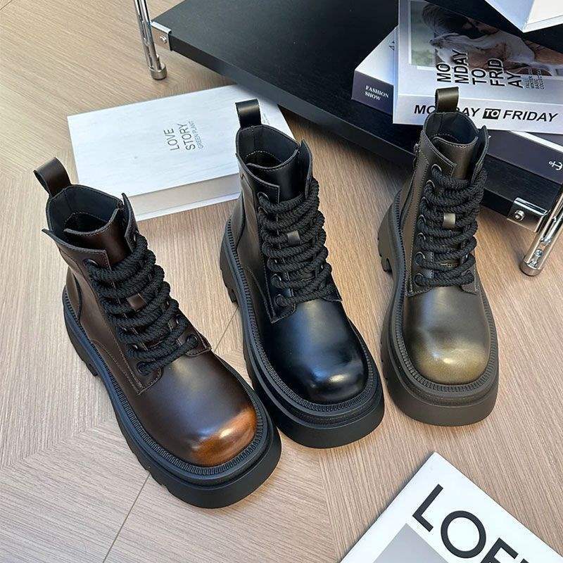 Thin Martin Boots Women's British Style 2025 Autumn and Winter New Thick-soled Heightening Single Boots High-top Versatile Short Boots Casual