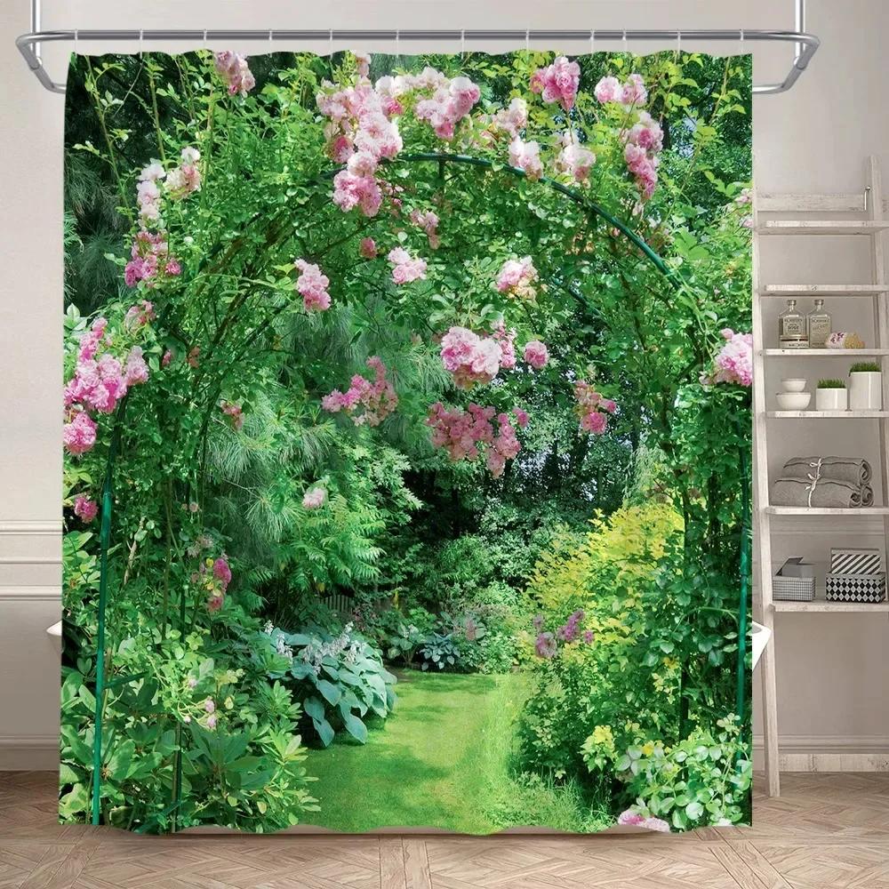 Fence Flowers Shower Curtains Blue Window Nature Floral Plants Scenery Modern Garden Wall Hanging Home Bathroom Decor With Hooks