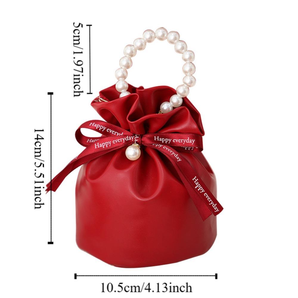 Solid Color PU Drawstring Bag Storage Bag Wedding Candy Bag Pearls Handle Wrist Bag  Festival