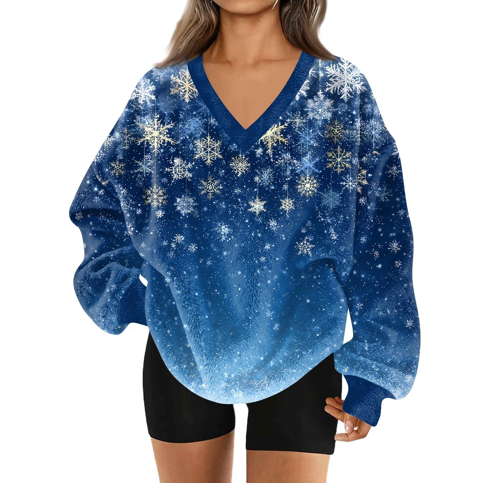 

Женская модная повседневная толстовка с длинным рукавом и V-образным вырезом с рождественским принтом XXL синий