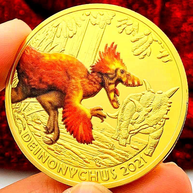 Dinosaur Animal Tyrannosaurus Rex Gold Plated Color Printing Commemorative Medal Creative Craft Gold Coin Velociraptor Children's Gift Coin
