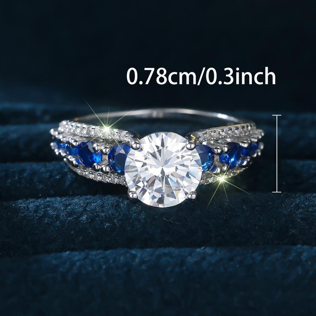 Silver Set Blue Zircon Sterling Silver Ring with Main Diamond Sparkle Design Vintage Court Dating Party Jewelry