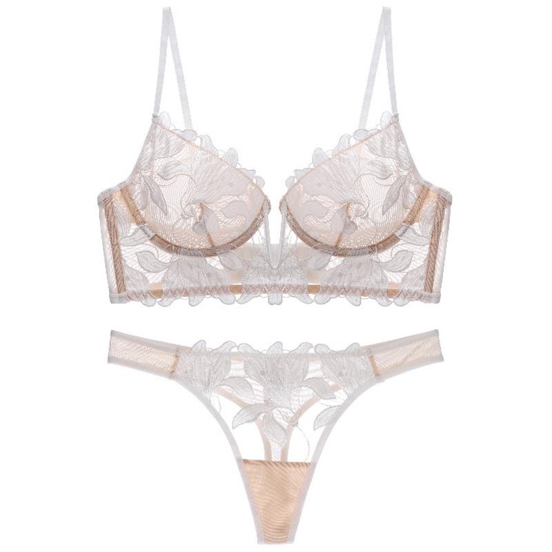 Embroidery Mesh Thong & Bra Set - Sexy Lingerie Dress 300A