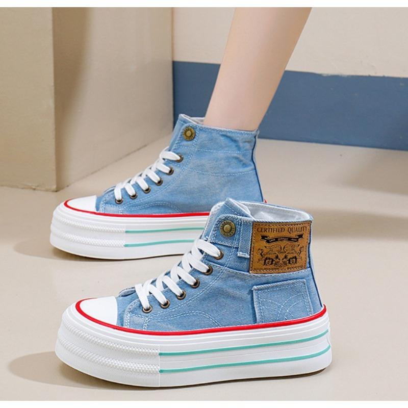2025 Autumn Women's High-top Thick-soled denim Canvas Shoes Breathable Platform sneakers Student All-match Chunky Casual Shoes