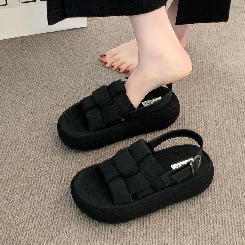 Open-toed fashion woven casual sandals  summer new breathable comfortable versatile thick-soled heightening beach shoes