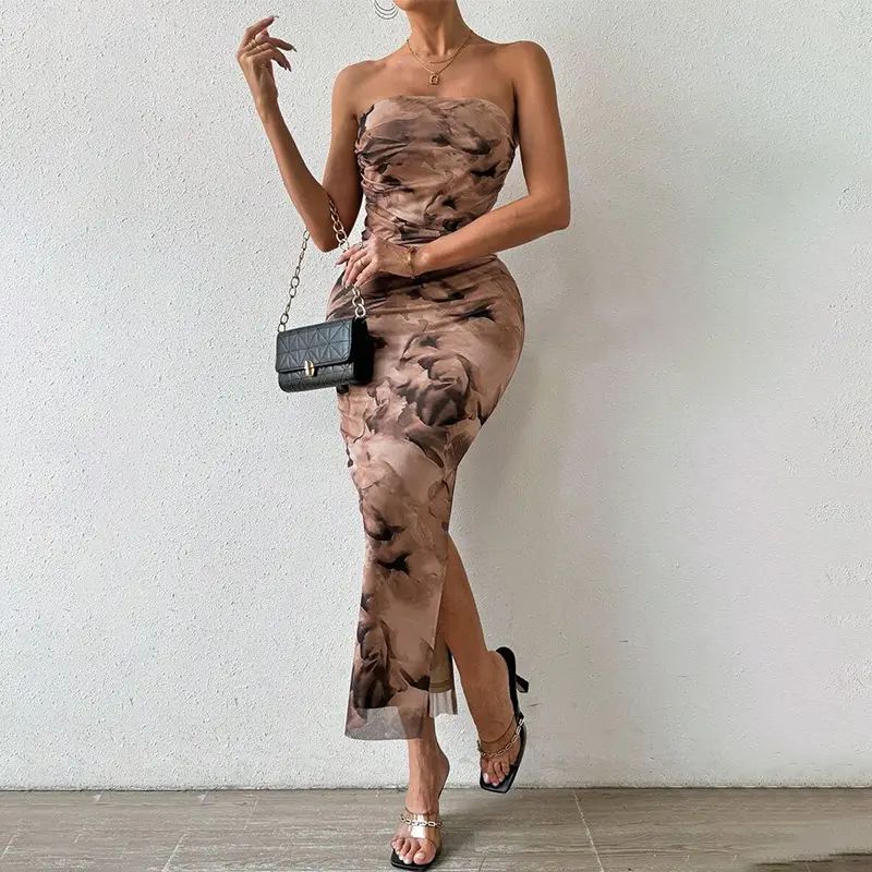 European and American Women clothes Mesh Floral Sexy Tight Split Shoulder Strap Tube Top Long dress Elegant Long Dress