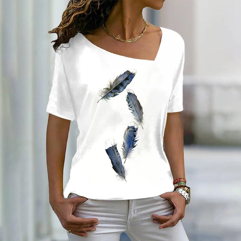 

Женская футболка с коротким рукавом с наклонным вырезом и принтом перьев, модные топы с короткими рукавами, летняя женская одежда больших размеров, футболки в стиле Харадзюку 2XL