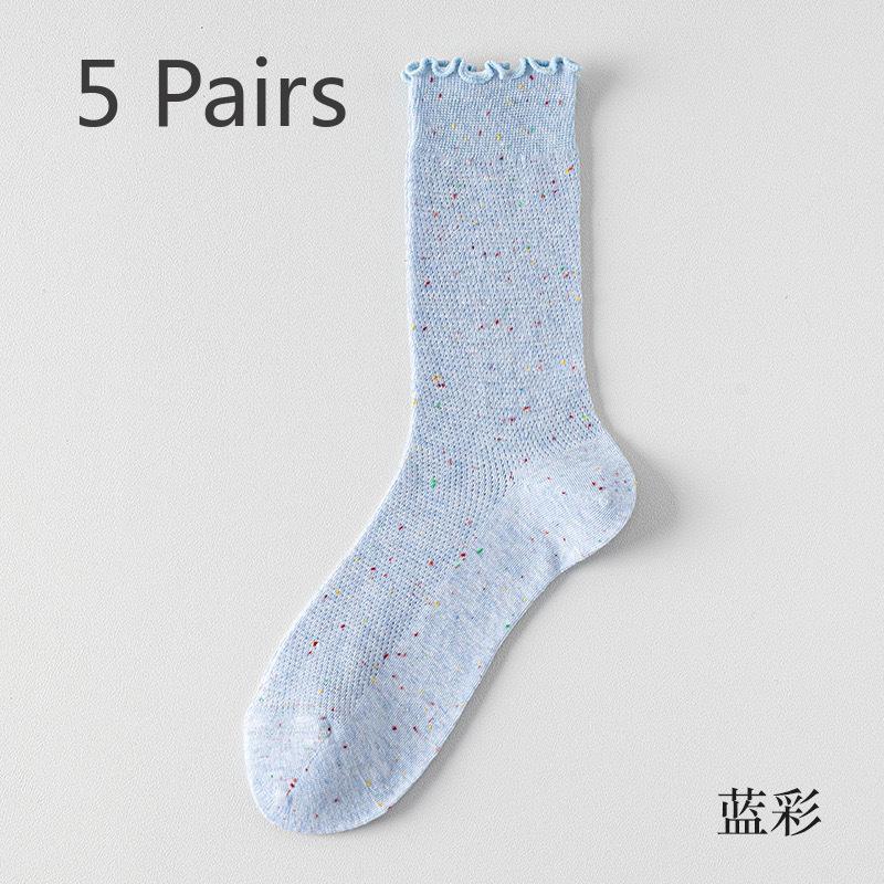 5 Pairs of Female Spring and Summer Thin Agaric Lace Sweat Absorbing Breathable Boneless Long Tube Pile Socks