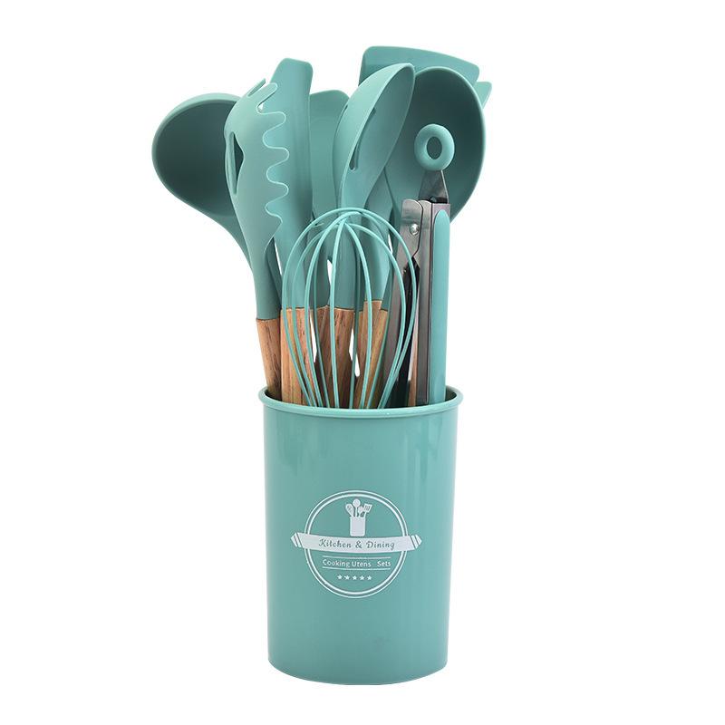 Wooden Handle Silicone Kitchen Utensils 12-Piece Set Nonstick Cooking Spatula Spoon Heat-Resistant Silicone Kitchen Tools Set
