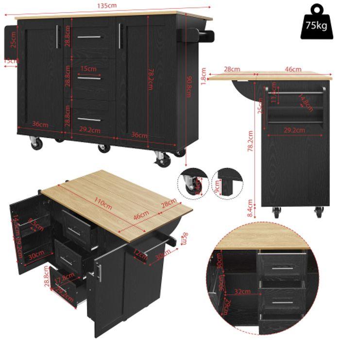 Kitchen Island - MUVOE - Black - Removable Casters - 3 Drawers - High-quality Dense Panel