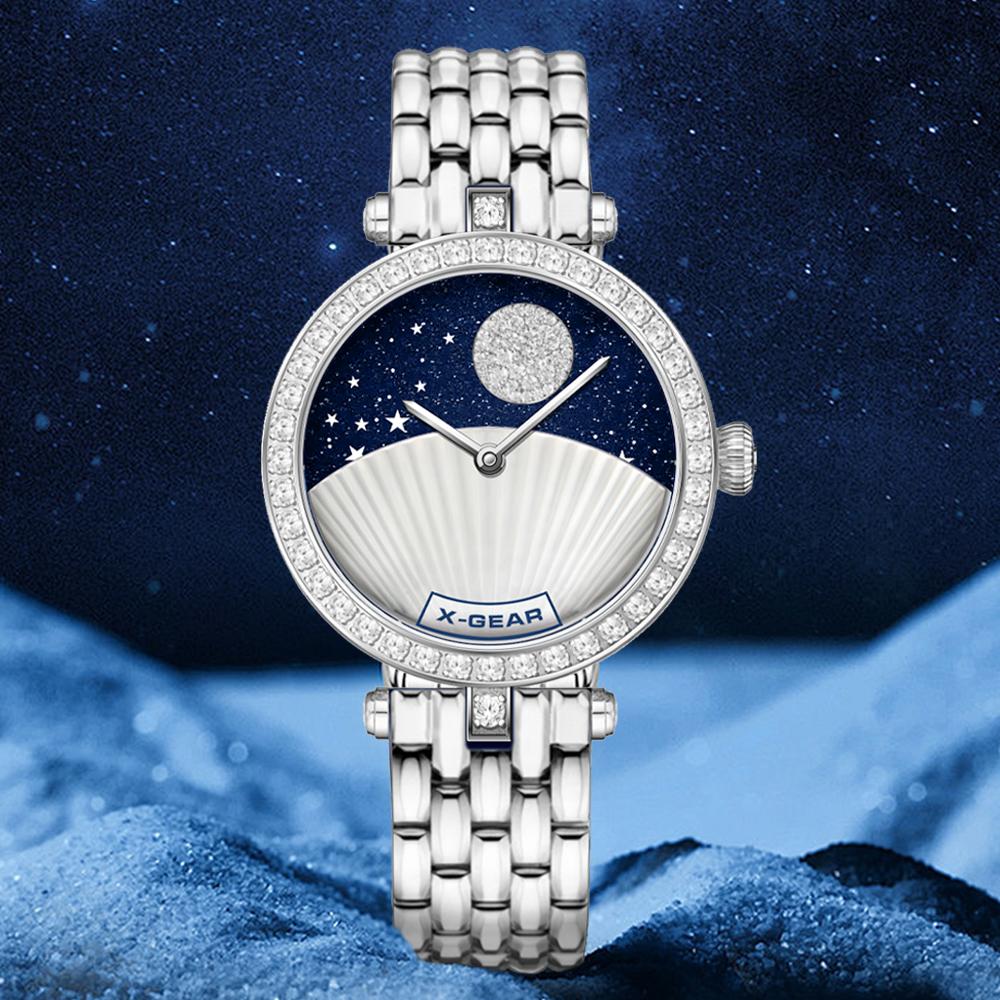 Luxury Fashion Blue Quartz Stone Face Quartz Wrist Watch for Women; Waterproof and Night Light Stellar Model