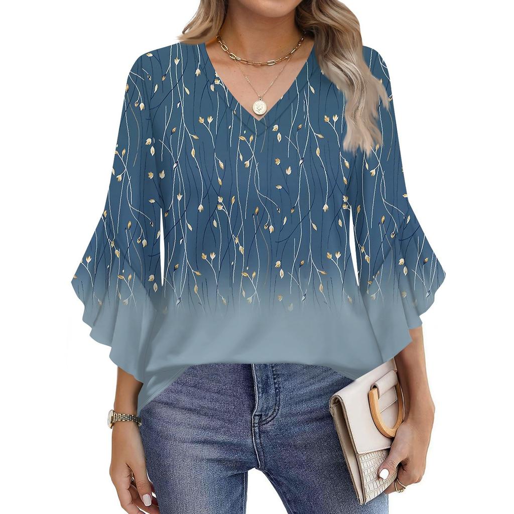 Women's Fashion Casual Seven-minute Sleeve Vintage Floral Print Top V-neck T-shirt Flared Sleeve Shirt