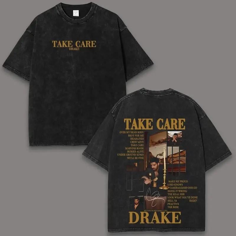 Drake Take Care Πλυμένο με Οξύ Y2K Ραπ Φαρδύ Μαλακό Βαμβακερό Unisex T-shirt