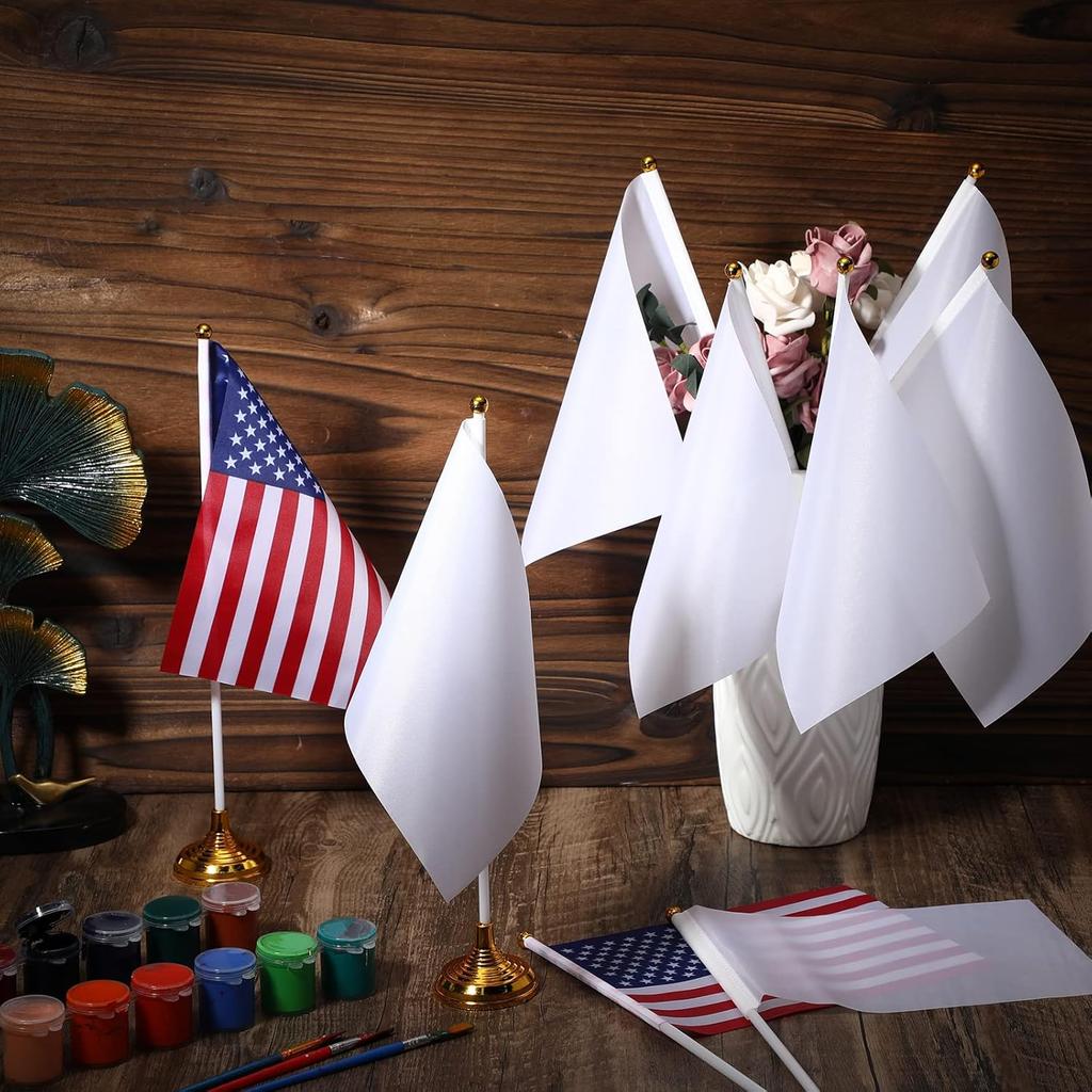 Tatuo 48 Pcs Mini White Desktop Flags on Stick with Stands 5.51 x 8.27 Office White Solid for DIY Craft Small Blank Desktop Flag with Pole for 4th of