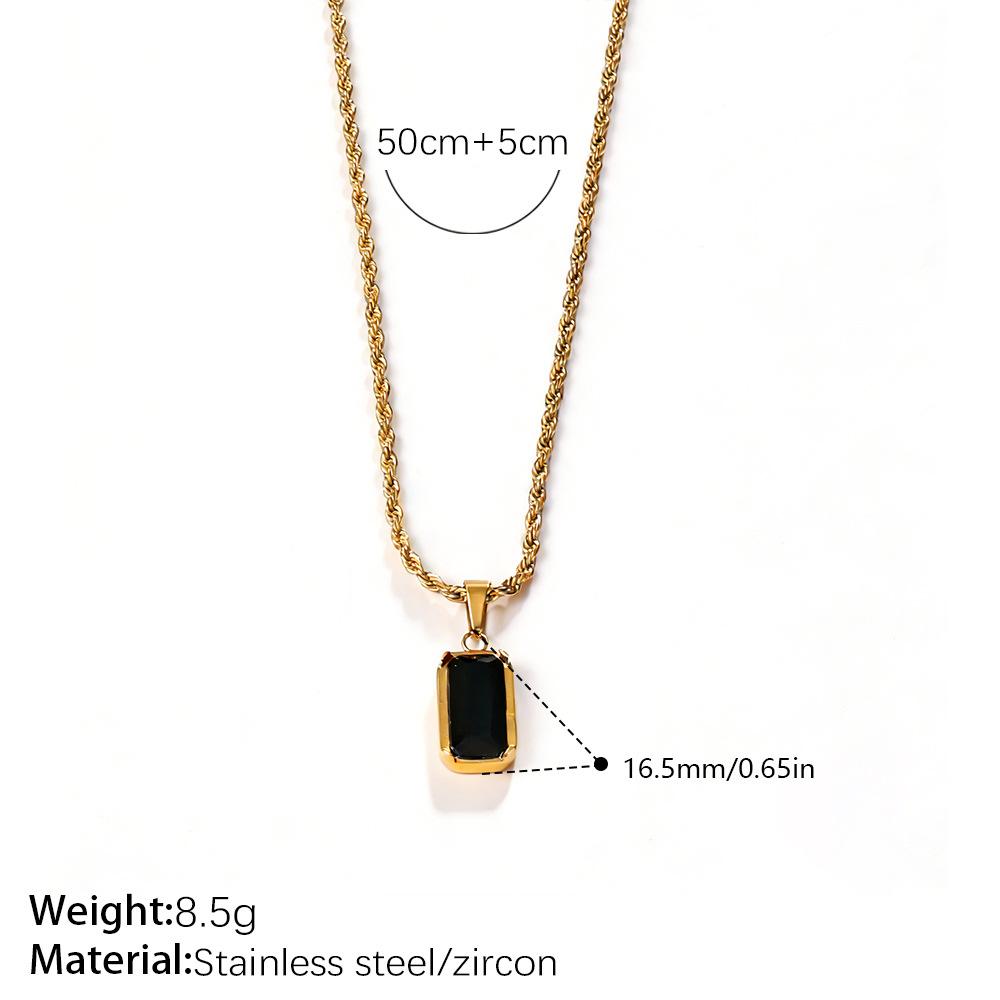 Vintage Stacked Wind Double-Layer Oval Black Agate Pendant Necklace Gold-Plated Square Black Zirconium Collarbone Chain